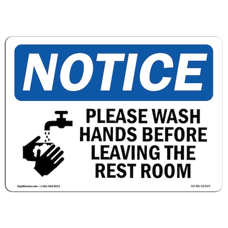 Signmission OSHA, Please Wash Hands Before Leaving Restroom, 5in X 3.5in, 10PK, 3.5" W, 5" L, Landscape, PK10 OS-NS-D-35-L-16369-10PK
